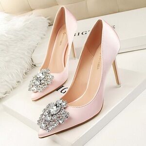 Big Tree Pink Satin Heels with Crystal Accents